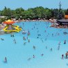 Grande piscina con scivolo a forma di fungo.