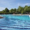 Piscina grande con bagnanti e alberi intorno.