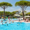 Una piscina affollata con scivoli acquatici e alberi intorno.