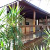 Veranda in legno con piante tropicali.