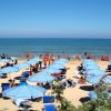 Spiaggia affollata con ombrelloni blu e bagnanti in mare.