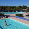 Piscina all'aperto con persone, ombrelloni blu e una palma nelle vicinanze.