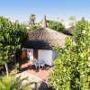 Un bungalow circondato da alberi con un piccolo patio e tavolo esterno.