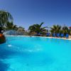 Una piscina con lettini blu, circondata da palme.