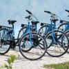 Biciclette blu parcheggiate su un marciapiede.
