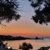 Tramonto su una baia con alberi in silhouette e una torre lontana.