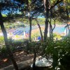 Vista attraverso gli alberi di una spiaggia con sdraio e ombrelloni colorati.