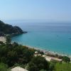 Spiaggia affollata vista dall'alto, circondata da alberi e colline.