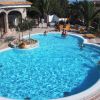 Piscina curva con lettini e palme.