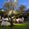 Una cena all'aperto con persone sedute sotto un albero illuminato di sera.