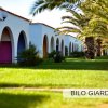 Esterno con bungalow colorati e archi in un giardino con palme.