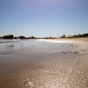 Una spiaggia sabbiosa con rocce e onde leggere. Il cielo è limpido e soleggiato.