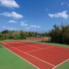 Campo da tennis all'aperto con sfondo di alberi e cielo azzurro.
