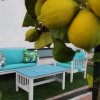 Limoni in primo piano con mobili da giardino blu sullo sfondo.