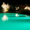 Piscina illuminata di notte con alberi decorati.