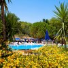 Una piscina circondata da palme e fiori gialli, con ombrelloni blu.