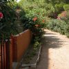 Sentiero sterrato con fiori colorati e alto muro di mattoni rossi a lato.