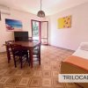 Soggiorno con tavolo, sedie, letto singolo e porta-finestra. Arredamento semplice.