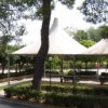 Giardino con gazebo tra alberi e piante.
