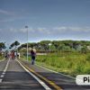 Pista ciclabile con persone e alberi.