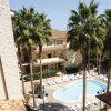 Cortile con piscina circondata da palme e lettini, vista dall'alto.