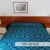 Un letto matrimoniale con copriletto blu e due comodini in legno. Quadro appeso sopra.