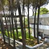 Complesso residenziale tra alberi alti, con cortile verde e balconi con tende.