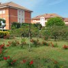 Giardino con fiori rossi e edifici residenziali.
