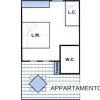 Piantina di un appartamento con cucina, WC, terrazzo, e stanze etichettate L.M. e L.C.